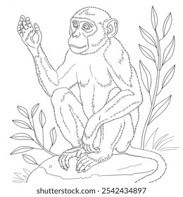 A black and white line art coloring book illustration of a monkey 