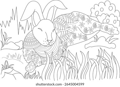 Black and white line art coloring page featuring a lazy rabbit resting in the grass with intricate patterns, perfect for adult and children's coloring books, relaxation, and artistic expression.