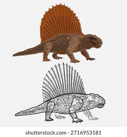  Dibujo en blanco y negro para colorear con Dimetrodon, el sinápsido de vela del período Pérmico, con hábitat en los Estados Unidos y Alemania. Actividad divertida y educativa para los niños que aman dibujar y colorear animales prehistóricos. Perfecto para la creatividad de los niños, aprendiendo sobre reptiles antiguos y paleontología.

