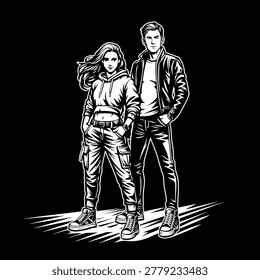 Black and white line art of a confident young woman with flowing hair in hoodie, crop top, cargo pants, and sneakers, beside a man in leather jacket, t-shirt, jeans, and sneakers