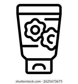 Black and white line art of a cosmetic tube with flower design, symbolizing skincare products