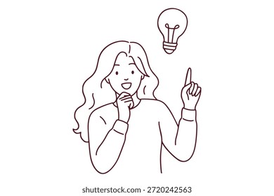 Arte de línea en blanco y negro de chica creativa que encuentra una solución inteligente. Ilustración del esquema de la mujer que piensa en la idea de la puesta en marcha con el símbolo de la inspiración para el libro educativo.