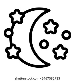 Black and white line art of a crescent moon surrounded by stars