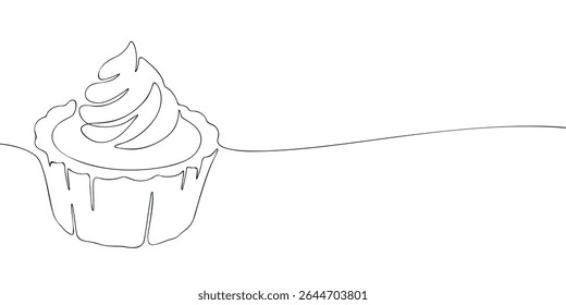 Black and white line art of a cupcake with frosting swirl, ideal for coloring pages, minimalist design, or dessert-themed graphics.
