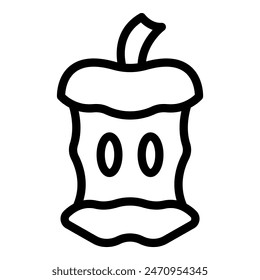 Black and white line art of a cute apple core with eyes, showing an emotional expression