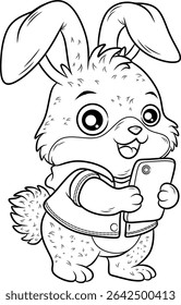 Black and white line art of a cute cartoon rabbit happily holding a smartphone. Great for tech themes, digital learning, or coloring books