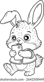 Black and white line art of a cute cartoon rabbit happily holding a smartphone. Great for tech themes, digital learning, or coloring books