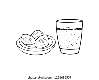 black and white line art, date sketches and a glass of water