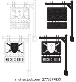 Black and white line art defining the contours of a medieval sign for warriors. Minimalist approach highlighting the silhouette of weapons and hanging wooden structure.