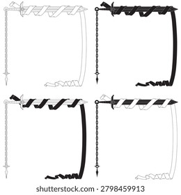 Black and white line art defining the contours of a medieval sword with chains and a ribbon. A minimalist approach using clean strokes to highlight the weapon silhouette.