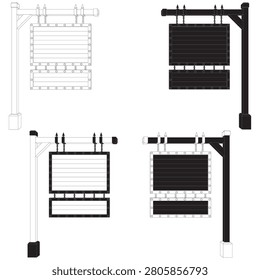 Black and white line art defining the contours of a two-plank hanging medieval sign. Minimalist approach highlighting wood and chain geometry.