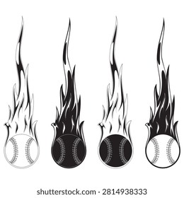 Black and white line art defining the contours of a baseball with a fire trail. Minimalist approach highlighting the comet silhouette and the dynamism of the throw.