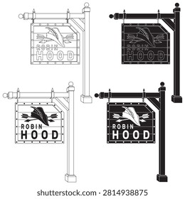 Black and white line art defining the contours of a hanging archery sign. A minimalist approach highlighting the silhouette of the bow and arrows on the wood.
