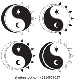 Black and white line art defining the contours of the sun moon and Yin Yang symbol. A minimalist and sharp approach highlighting the silhouette and sacred geometry.