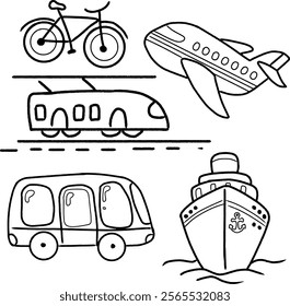 Black and white line art depicting transportation methods such as airplanes, bicycles, buses, trains, and ships. Ideal for educational, creative, or decorative purposes emphasizing travel, mobility, a