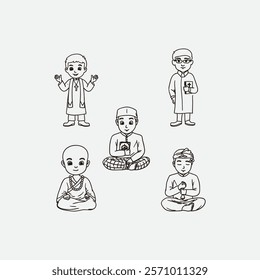 Black and white line art depicting diverse individuals, symbolizing meditation and religious practices through calm and peaceful expressions, showing harmony, spirituality, and mindfulness in various 