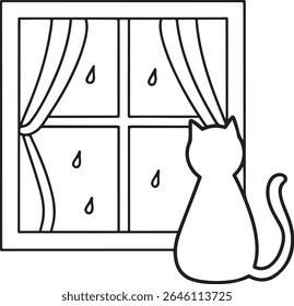 Black and White Line Art Depicting a Cat Gazing out a Window on a Rainy Day with Curtains and a Transparent Background Featuring Simple Shapes