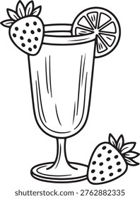 Black and white line art depicting a tall glass with a lemon slice and a strawberry, perfect for coloring books or drink menus.