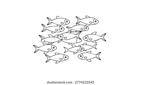 Black and white line art depicting a school of fish with detailed fins and eyes, arranged dynamically to show movement and unity in aquatic environment