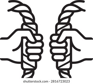 Black and white line art depicting two hands gripping heavy training ropes for fitness or strength training exercises.