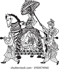 Black And White Line Art Design Indian Wedding Symbol Groom And Instrument Player Barat