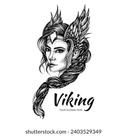 Black and white line art design with viking woman. Valkyrie. Vector illustration