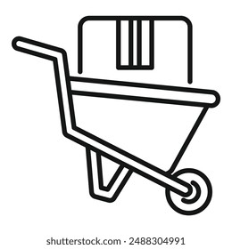 Black and white line art design of a simple wheelbarrow, suitable for construction icons or gardening themes