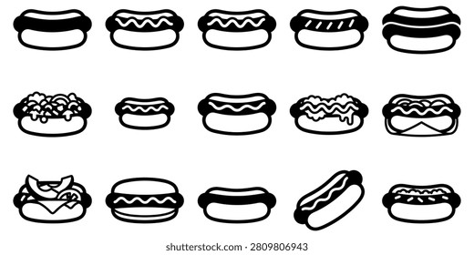 Black and white line art of different hot dog styles
