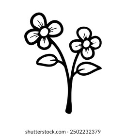 A black and white line art drawing of a flower stem with two blossoms and leaves