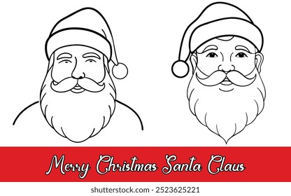 Un dibujo de línea en blanco y negro de una cara de Santa Claus. Arte vectorial de Papá Noel.