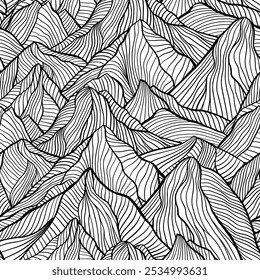 Linha preta e branca desenho de arte de abstrato montanhas onduladas vetor padrão sem emenda para tecido têxtil ou colorir página papel de parede Designs