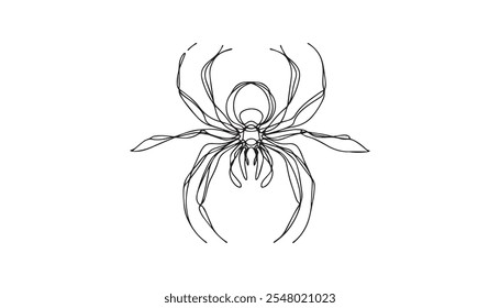 A black and white line art drawing of a spider illustration for Halloween