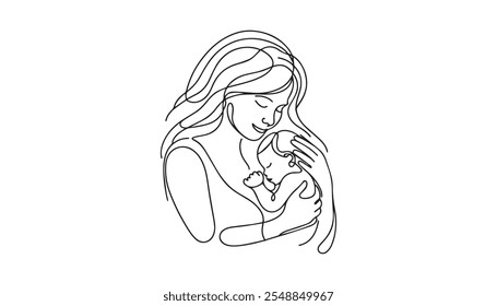 Black and white line art drawing of mother breastfeeding her baby. Fit for motherhood illustration, world breastfeeding week event and childbirth.