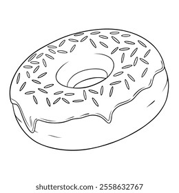 Black and white line art drawing of a donut topped with frosting and sprinkles, perfect for coloring.