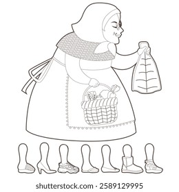 Black and white line art drawing illustration of Vella Quaresma character showing holding cod and vegetables basket for Easter holiday Catalan tradition