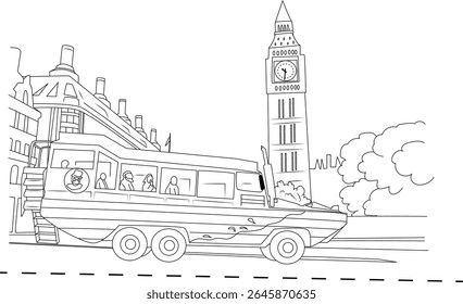 Desenho de arte em linha preto e branco de um ônibus de turismo de Londres com passageiros e um marco do Big Ben ao fundo, ilustração de viagem da cidade do Reino Unido.