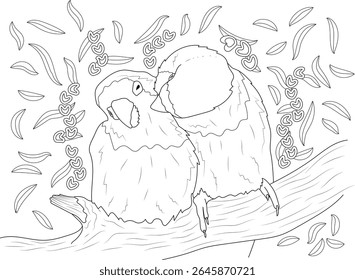 Black and white line art drawing of two affectionate love birds perched on a branch, surrounded by decorative leaves and whimsical heart shapes, perfect for coloring pages or romantic themes.