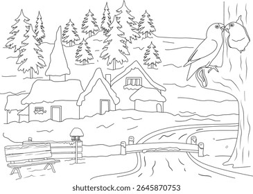 Black and white line art drawing of two love birds perched on a tree branch in a charming snowy winter village landscape with cottages, pine trees, a bridge, and a park bench, ideal for coloring.