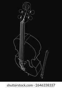 A black and white line art drawing of a cello with detailed strings and bow, isolated on a dark background. The elegant instrument features clean contours and precise shading, emphasizing its classic.