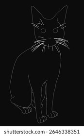 Um desenho em preto e branco de um gato sentado com um contorno limpo e minimalista sobre um fundo escuro. O contraste acentuado destaca o design simples, mas elegante