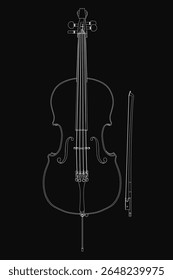 A black and white line art drawing of a cello on a dark background, featuring detailed strings and a bow. The elegant instrument stands out with clean, minimalist strokes.