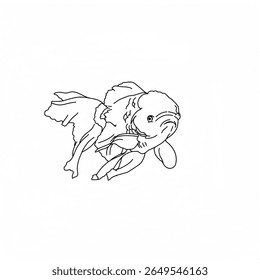 Um desenho em preto e branco de um único peixe-dourado com barbatanas fluindo, retratado contra um fundo branco plano.