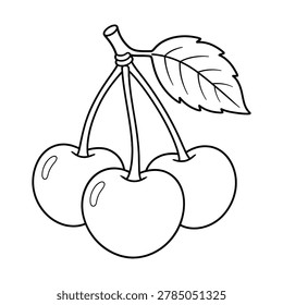 Black and white line art drawing of three fresh cherries hanging together from a stem with a single green leaf for kids coloring book page or simple food design element illustration