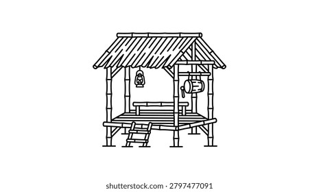 A black and white line art drawing of a rustic bamboo gazebo structure featuring a hanging lantern, a wooden barrel, a small bench, and a ladder