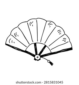 A black and white line art drawing of a traditional folding fan with a small tassel attached