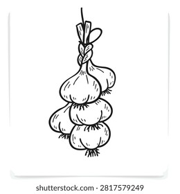 A black and white line art drawing of a braided bunch of fresh garlic bulbs hanging vertically isolated on a white background