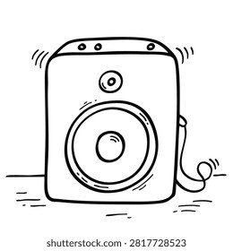 A black and white line art drawing of a portable audio speaker emitting sound waves on a flat surface