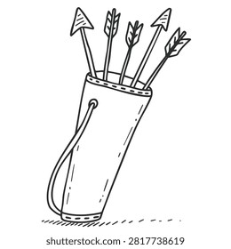 A black and white line art drawing of a leather quiver filled with feathered arrows, stylized sketch style.