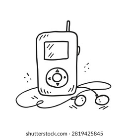 A black and white line art drawing of a portable media player device with a small screen and control buttons along with wired earbuds.