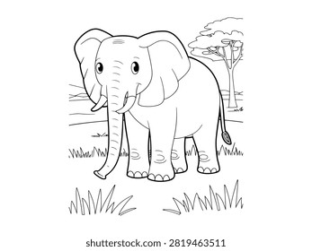 A black and white line art drawing of a friendly cartoon elephant standing in a grassy field with a tree